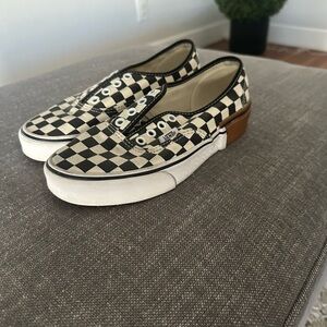 Vans Black and White Checkerboard Sneakers with Brown Accent